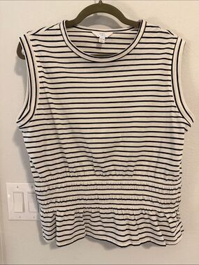 Time and Tru Black & White Striped Sleeveless Peplum Top